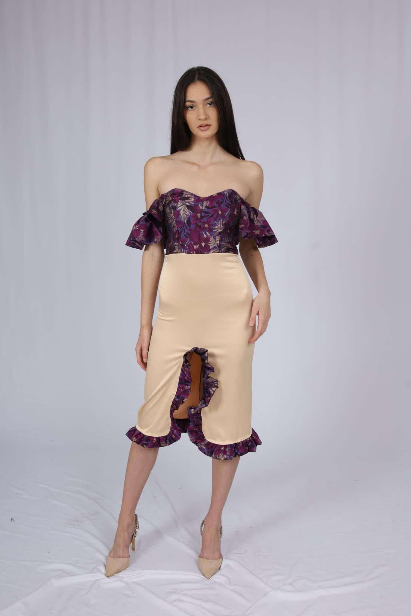 S/A Collection - Ruffled Satin & Brocade Dress