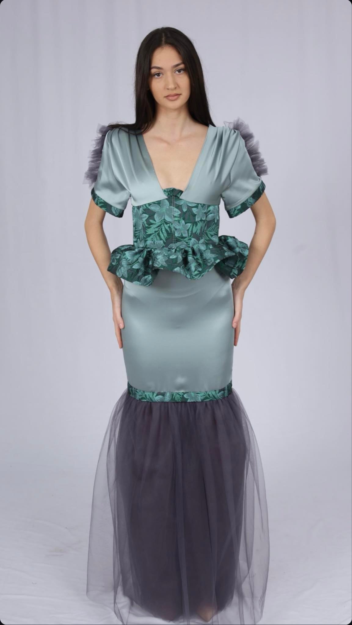 S/A Collection Emerald Peplum Mermaid Gown with Tulle Train