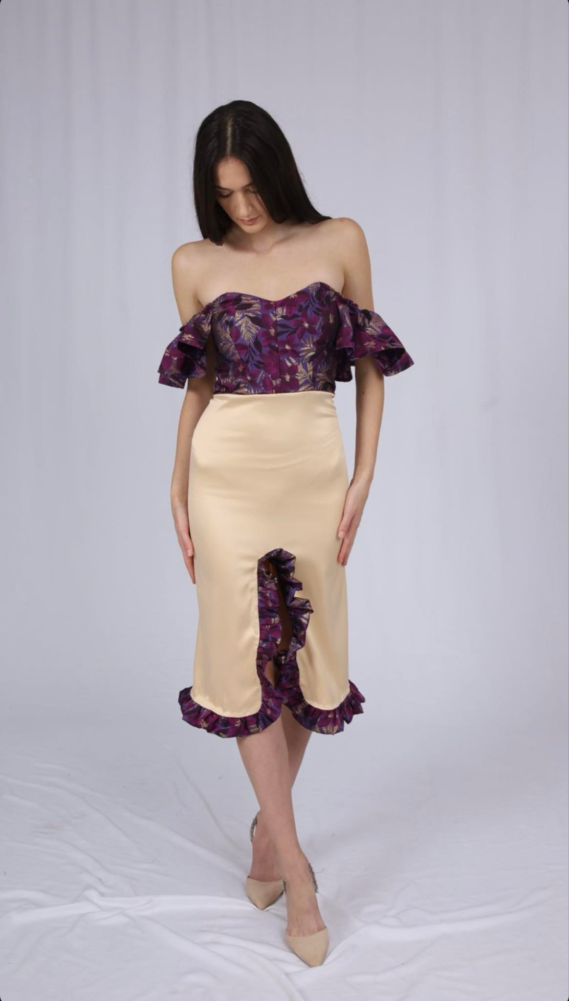 S/A Collection - Ruffled Satin & Brocade Dress